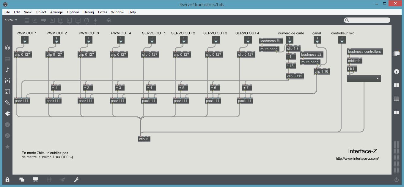 Patcher Max MSP pour carte 2 servomoteurs 4 lampes.