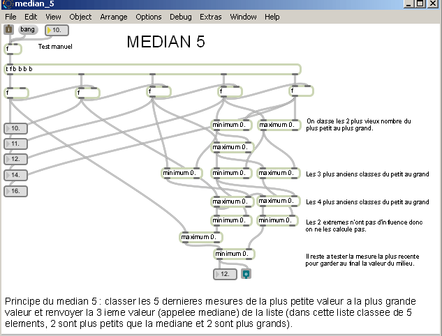 Filtre median sur 5 valeurs - patch Pure-Data.