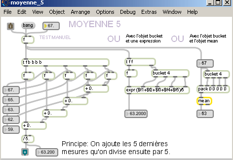 Filtre moyenne sur 5 valeurs - patch Pure-Data.