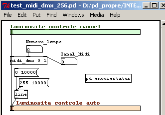 Patch PD permettant de gérer des actionneurs DMX.